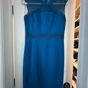 Karen Millen Blue Pleated Halter Sheath Midi Dress
